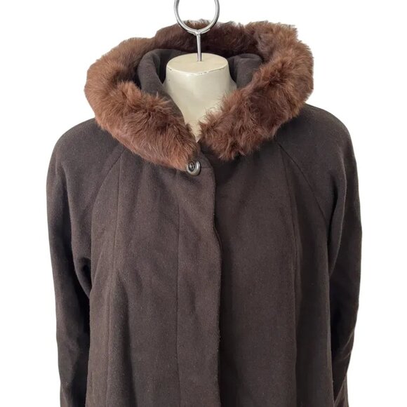 VTG WORTHINGTON 100% Wool Long Swing Coat  Fur Trimmed Hood  Brown  SZ 12 - Picture 4 of 13